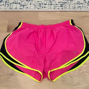 Nike Women's Neon Pink Athletic Shorts with Yellow Trim